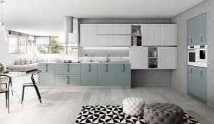 Cocina abierta al salón verde fiordo